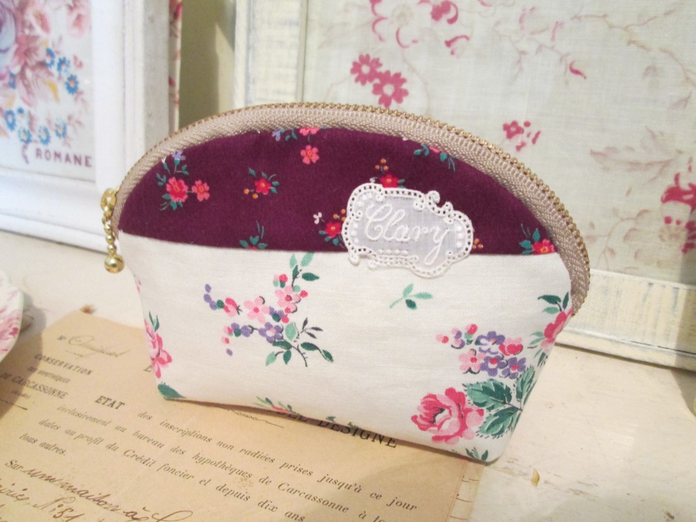 Deux champignon  ポーチ フランスアンティークファブリック　ピンクローズブーケとノスタルジック小花柄