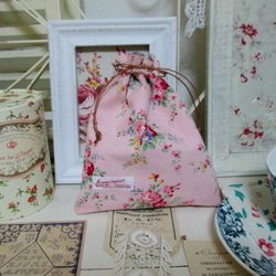 フランスアンティークファブリック PetitFleuri カラフルお花の小さなピンク色巾着ポーチ 4枚目の画像