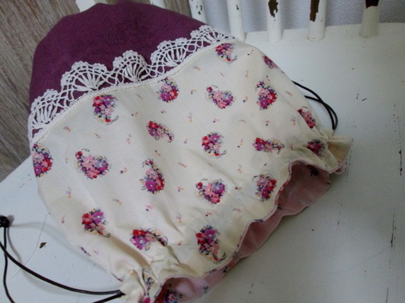 リバティペイズリー柄とヴィオレッタ色のダマスク織りトーションのPoireSAC巾着ポーチ 7枚目の画像