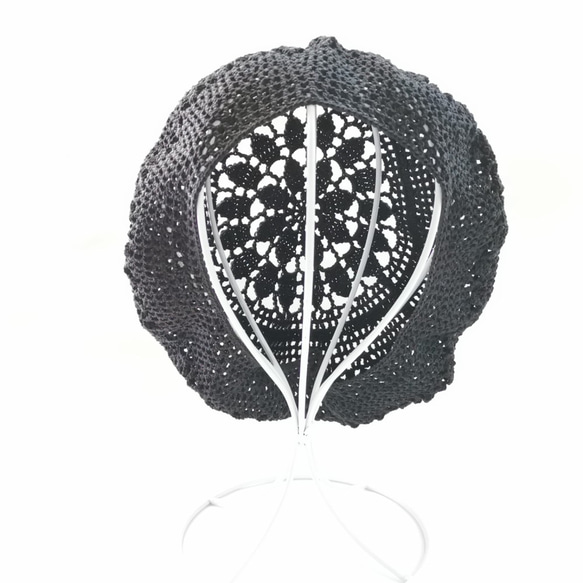 レース編みのコットンベレー帽 黒/ ブラック 7枚目の画像
