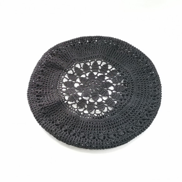 レース編みのコットンベレー帽 黒/ ブラック 6枚目の画像