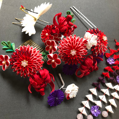 つまみ細工 成人式用・ご婚礼用髪飾り紅白鶴(アナスタシア) かんざし