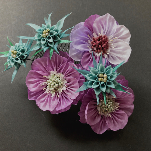 つまみ細工西洋松虫草(スカビオサ)の髪飾り 藤色 ヘッドドレス 