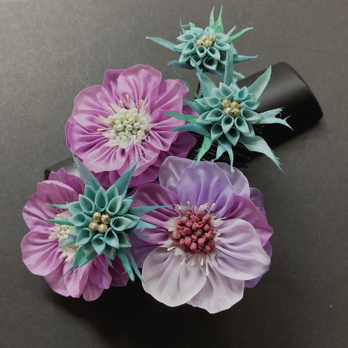 つまみ細工西洋松虫草(スカビオサ)の髪飾り 藤色 ヘッドドレス