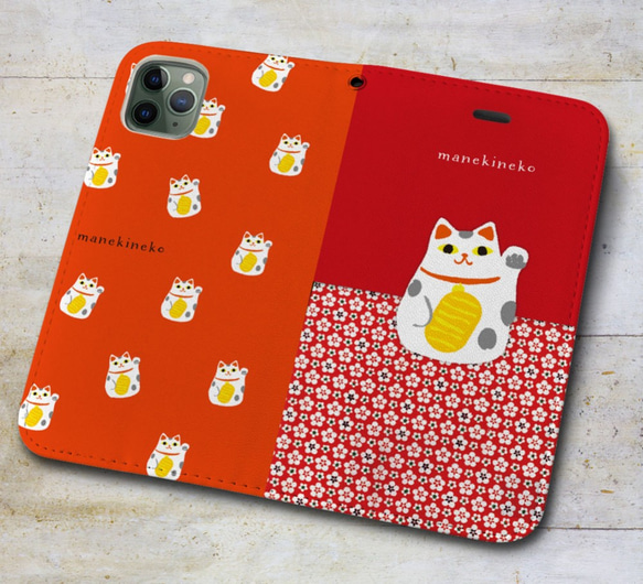 iPhone 専用 フラップ無し手帳型ケース★ 招き猫＆招き猫いっぱい 3枚目の画像