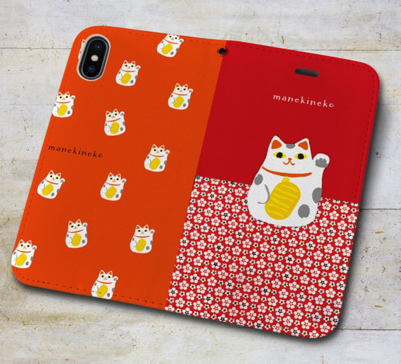 iPhone 専用 フラップ無し手帳型ケース★ 招き猫＆招き猫いっぱい 4枚目の画像