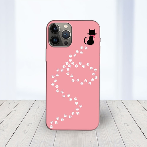 iPhone14 他 Android ほぼ全機種対応 スマホケース ☆黒ネコと足跡