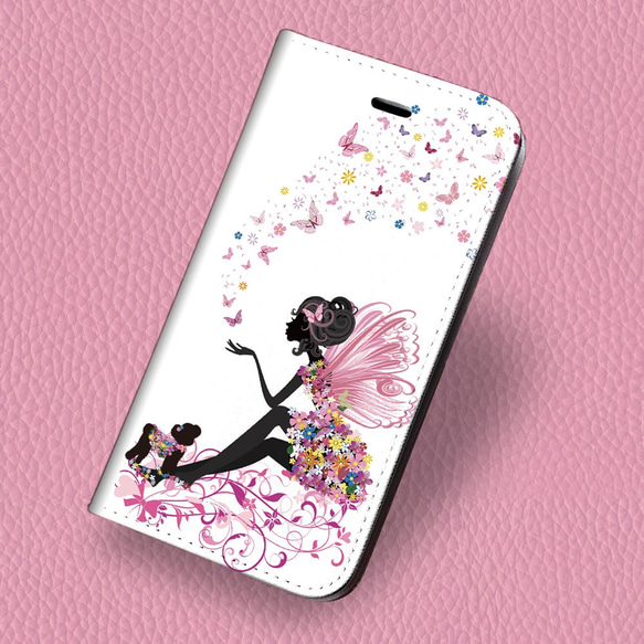 iPhone フラップ無し手帳型ケース ★蝶と花の妖精とプードル 1枚目の画像