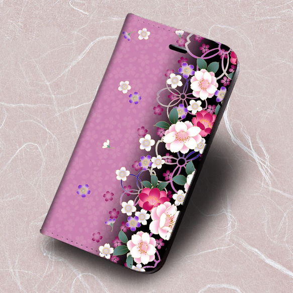 ハンドメイド本牛革携帯ケース（桜柄） iPhone フラップ無し手帳型ケース ☆和柄 桜文様 iPhoneケース・カバー