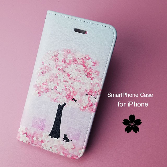 iPhone フラップ無し手帳型ケース ★満開の桜の木 柄 1枚目の画像