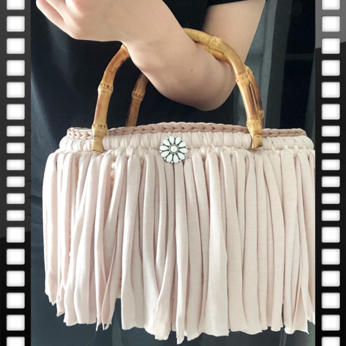 クリーム×ベージュ バンブーフリンジマルシェバッグ tシャツヤーン  