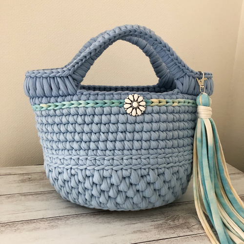 ズパゲッティ♡ロシアヤーン♡マルシェバッグ♡チュールフリル付きバッグ♡ ズパゲッティロシアヤーンマルシェバッグチュールフリル付きバッグ