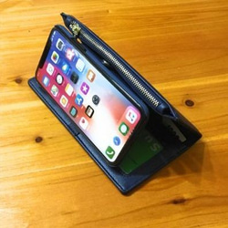 財布型一体型レザーiPhoneケース X Xs XR 7 7plus 8 8plus 6 6s 手帳型 ネイビー 3枚目の画像