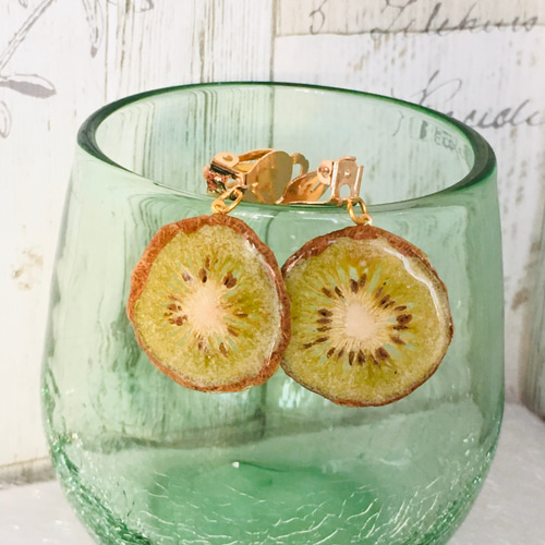 食べ物イヤリング】キウイのオリジナルイヤリング☆押しフルーツ☆ほん  