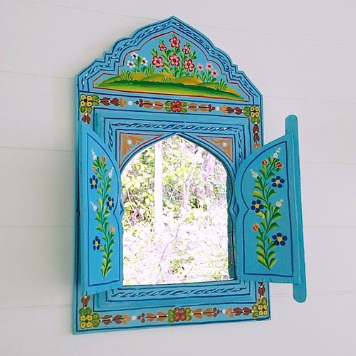 モロッコ 扉つき鏡 壁掛け鏡 据え置き ミラー ライトブルー ドレッサー