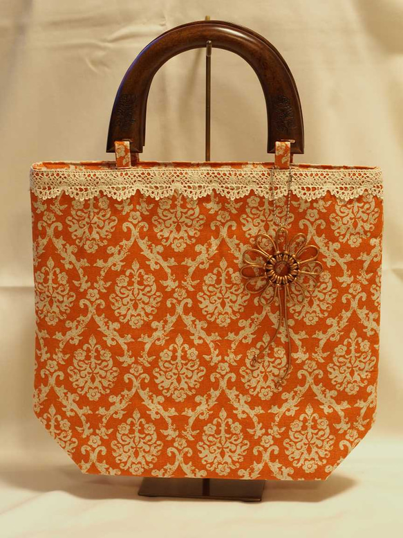 オリエンタル更紗柄のトートバッグ(オレンジ） 1枚目の画像