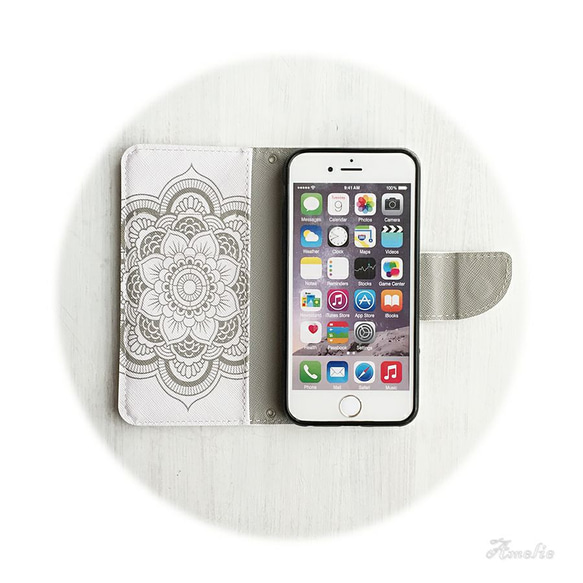 【iPhone6/6s】Lotus　ロータス柄(ホワイト系)　手帳型ケース 4枚目の画像