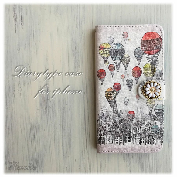 sale【iphone6plus/6splus】気球柄　アンティークフラワーボタン 手帳型 1枚目の画像