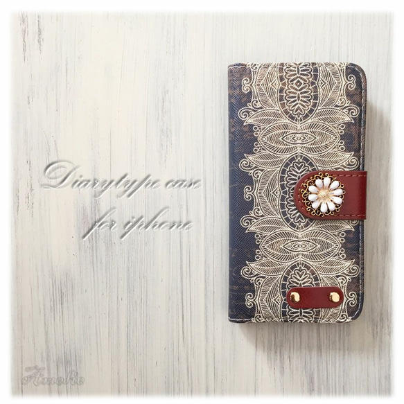 【iPhone6/6s】Henna Flower柄 手帳型ケース 1枚目の画像