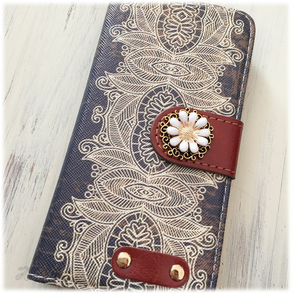 【iPhone6/6s】Henna Flower柄 手帳型ケース 3枚目の画像