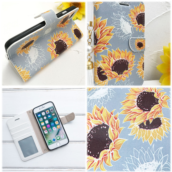 【iPhone】Sunflower(ひまわり)３Ｄタイプwithタッセル　手帳型アイフォンケース 2枚目の画像