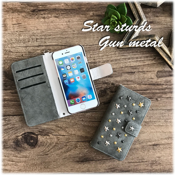 SALE スタースタッズ ガンメタリック 手帳型スマホケース iphone 