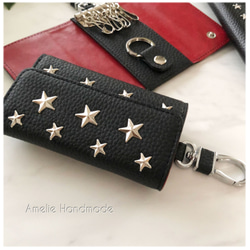 ☆ Star studs key case Black Silver Star（紋理皮革款）鑰匙扣 第2張的照片