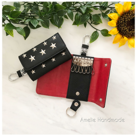 ☆ Star studs key case Black Silver Star（紋理皮革款）鑰匙扣 第4張的照片