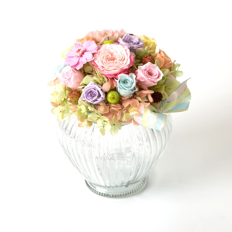 30%OFF ガラスポッドL ラウンド　グリーン　プリザーブドフラワーアレンジメント　2色
