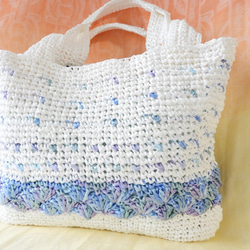 かごバッグ　模様編み　白×水色　1点物 3枚目の画像