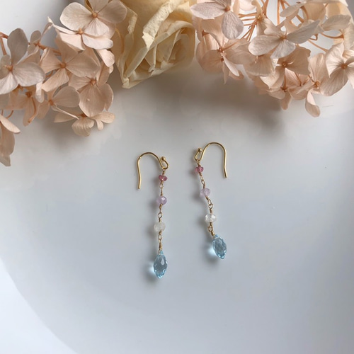 173 長方形　ブルー　マーブル　リング ピアス イヤリング　ハンドメイド 人魚の泡】マーメイド cz ブルー ドロップ ピアス イヤリング