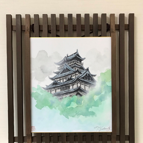 12時間以内に売れなければ300円❗手作り額付き原画絵画　「日が昇るニャンコ そのまま飾れるアート「月の文明」空想街複製原画（額入り