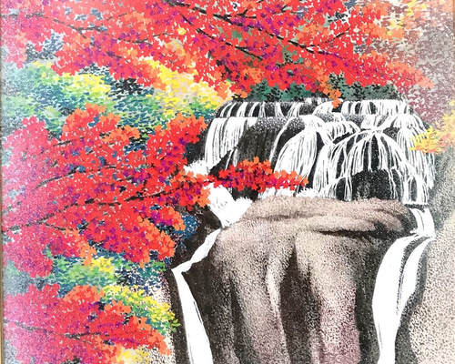 紅葉と滝 複製画 #絵 #滝 #紅葉 #癒し #アート 絵画 吉本工房