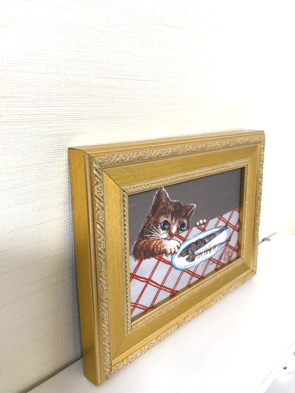 ねこのこむぎとお魚　複製画 #猫 #絵 #癒し #プレゼント 2枚目の画像
