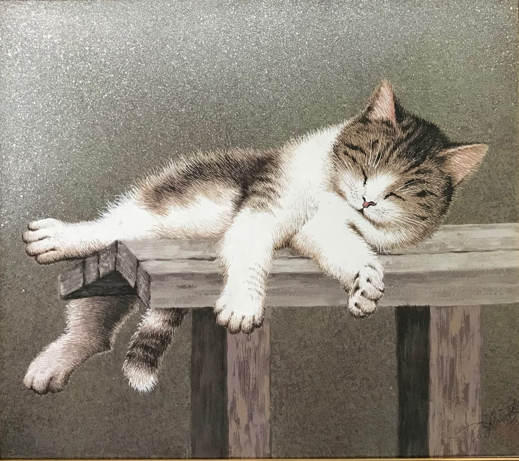 ) 絵画　額付 ( 銀 油絵　F4-050620　子猫のお昼寝