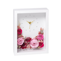 【名入れ】大きさの違う薔薇をリズミカルにアレンジした華やかな時計 プリザーブドフラワー クロック ピンク 2枚目の画像