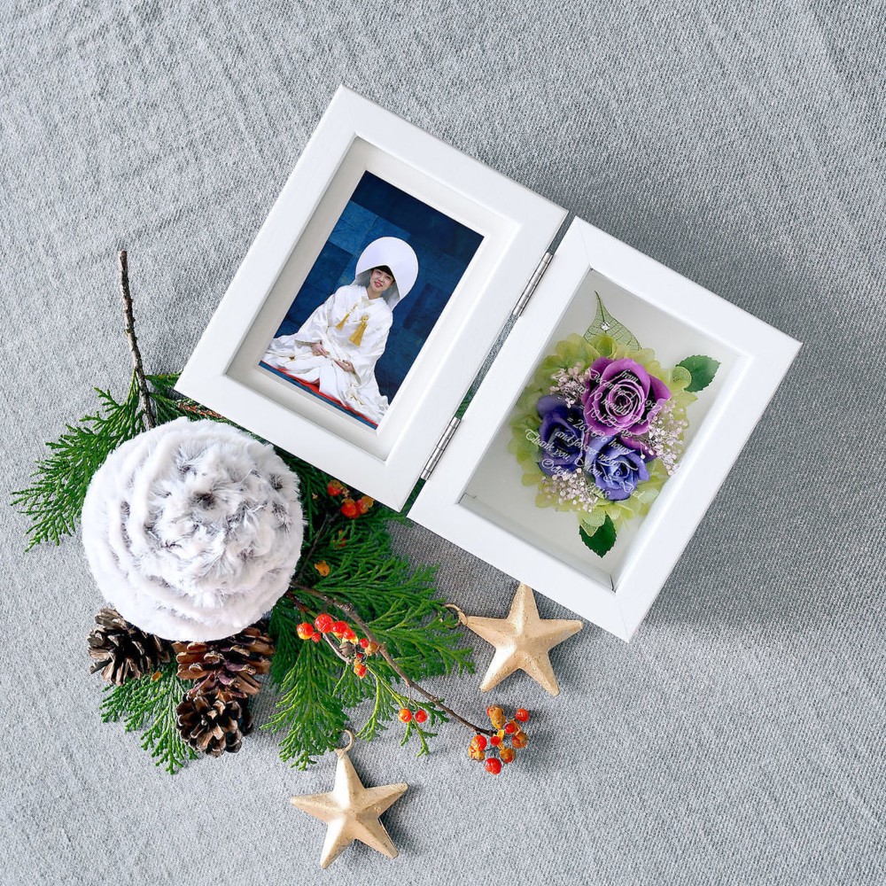 【名入れ】古稀 喜寿のお祝いに紫の贈り物 プリザーブドフラワー フォトフレーム バイオレット L