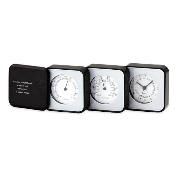 【名入れ】新築祝い 結婚祝い 開店祝い 出産祝いなど 折り畳み式の小さな時計+温度計+アラームクロック ブラック 2枚目の画像
