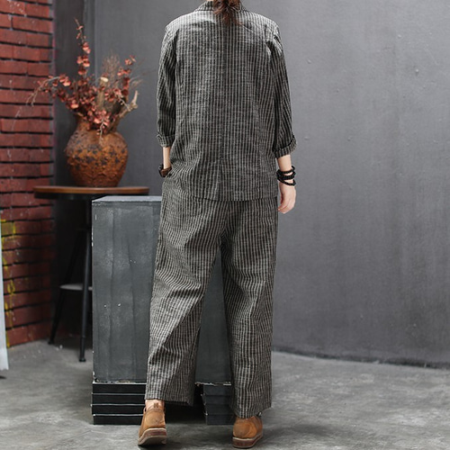 気質 綿麻 ストライプ ゆったり スーツとパンツ レディース 上下 2点