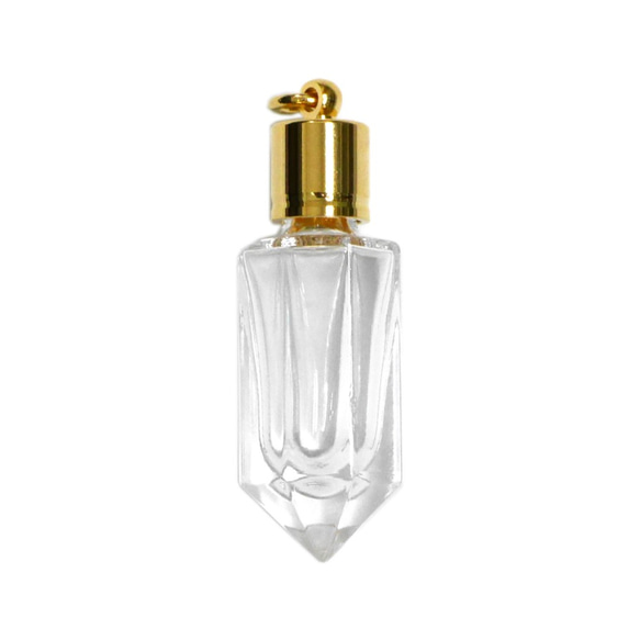 ミニ香水瓶　アロマペンダントトップ　八角 （透明　容量1.3～2mL）×穴あきキャップ（ライン）　ゴールド 1枚目の画像