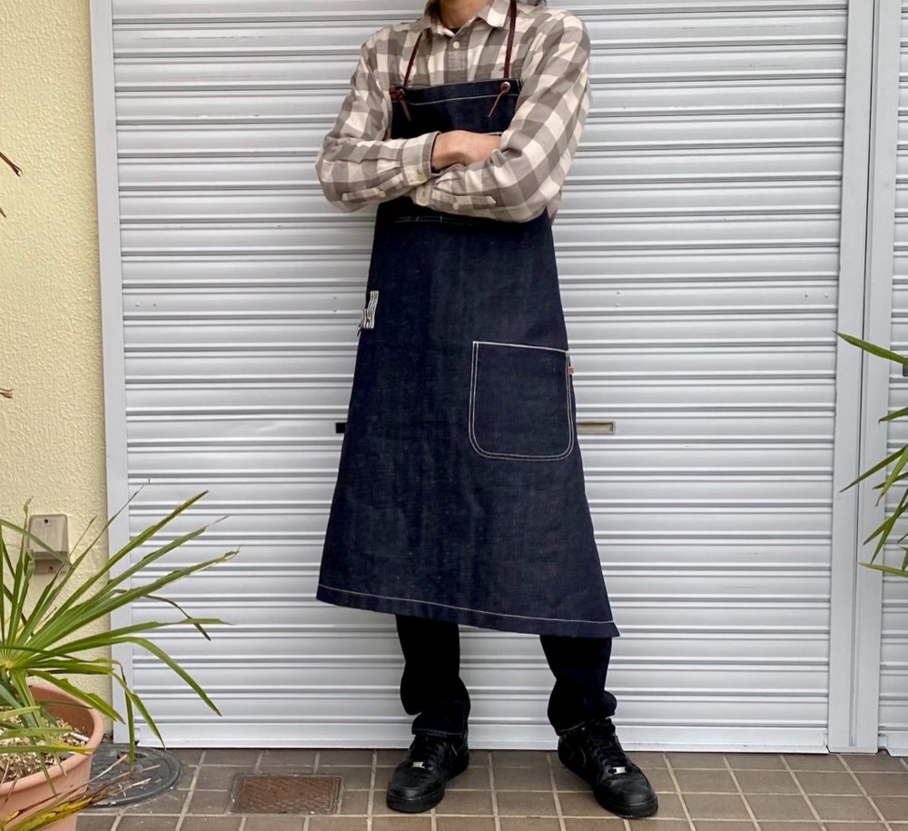 ヘンプコットンセルビッジ岡山デニムロング丈エプロン×イタリア本革/アウトドア、おうちキャンプ、カフェにも
