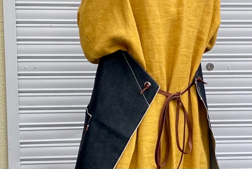 ヘンプコットンセルビッジ岡山デニムロング丈エプロン×イタリア本革/アウトドア、おうちキャンプ、カフェにも