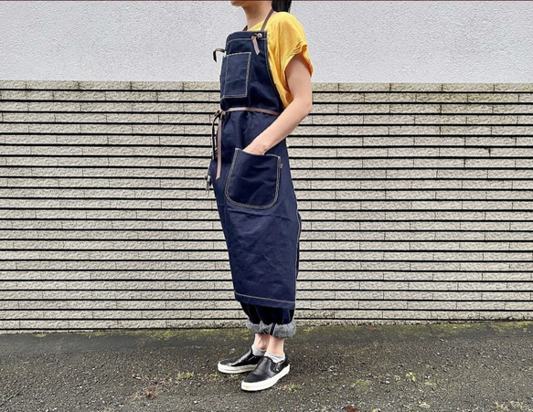 ロング丈デニムエプロン18oz岡山産セルビッジ生デニム×本革