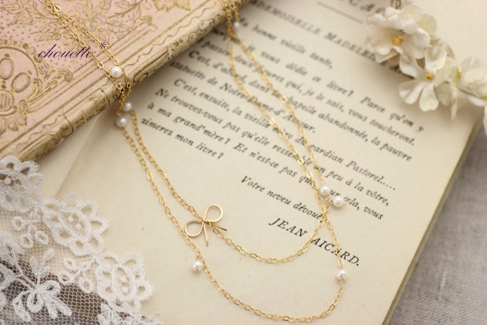 ゴールドリボン*プチパールロングネックレス*14kgf