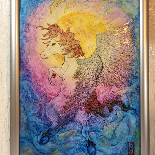 絵画 （Pegasus loves the moon）開運 額付 ペガサス 絵画 Love