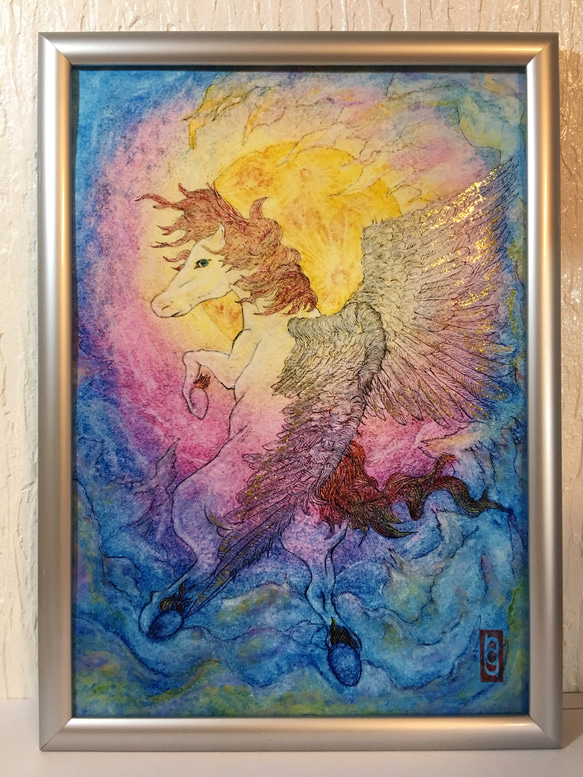絵画 （Pegasus loves the moon）開運 額付  ペガサス 1枚目の画像