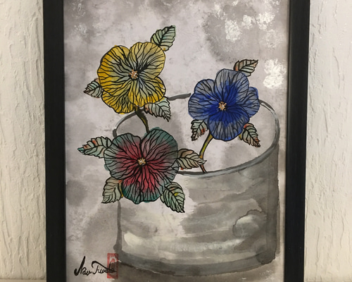 絵画　パンジー 絵画 肉筆（パンジーの花）墨絵 水彩画 開運 額付き 絵画 Love