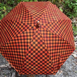 着物リメイク日傘　オレンジチェック袋付 1枚目の画像