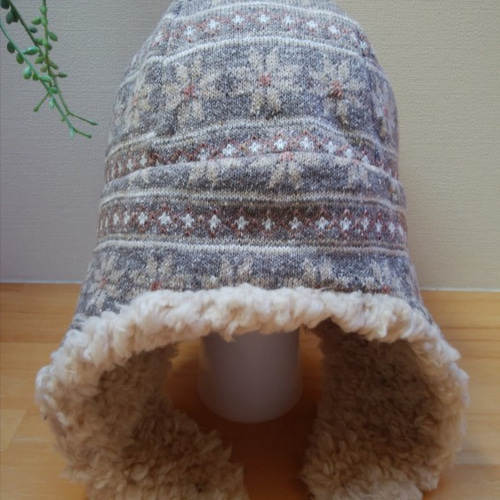 ノルディック柄ジャガードニット✖プードルファー 耳あて付き 帽子