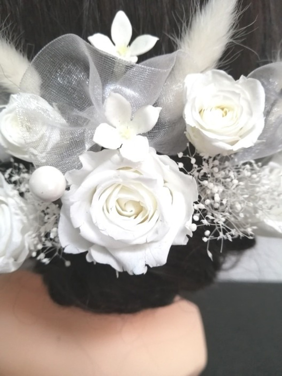 値下げ　wedding 白薔薇のヘッドドレスA　髪飾り　結婚　成人式　純白　アジサイ　カスミソウ 2枚目の画像